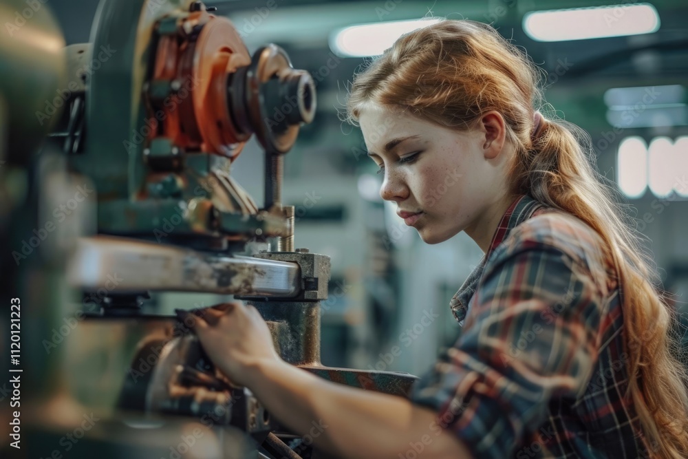 Pretty female student doing practical work at factory Pretty female student doing practical work at factory