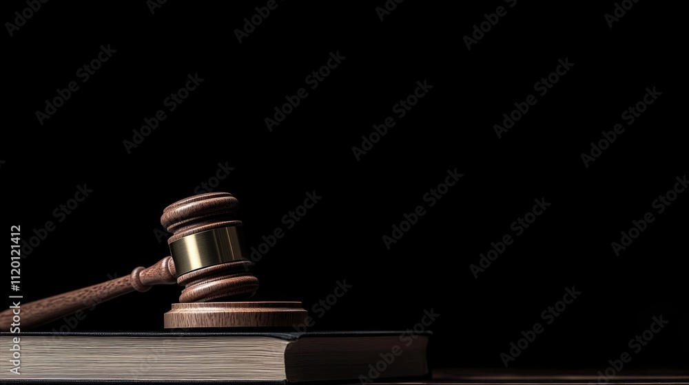 Gavel resting on a law book against a black background. Gavel resting on a law book against a black background.