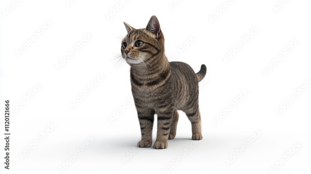 Fototapeta premium A 3D illustration of an American Shorthair cat standing tall, fur tones of brown and black, ears tilted, isolated on a white background