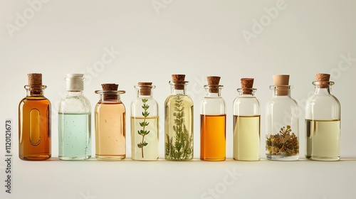 Assortment of essential oils in glass bottles.