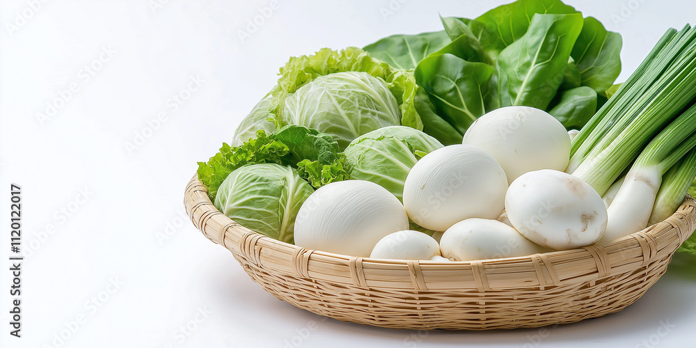 Assorted exotic vegetables in a simple basket, clean white background Assorted exotic vegetables in a simple basket, clean white background