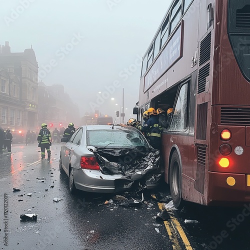 A close-up photo capturing a crash involving a car and a bus. The image focuses on the damage and the impact of the collision between the two vehicles.


