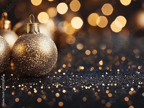 Stylish Christmas background showcasing glittering gold decorations on a dark backdrop, perfect for elegant events, photo