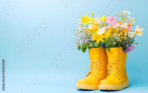 Yellow boots filled with fresh flowers over light blue background and empty space for text. Colorful and fun boots isolated. photo