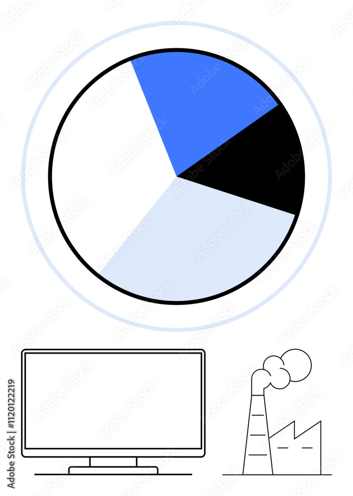 Pie chart with four segments above a computer monitor and factory emitting smokestacks. Ideal for business data, technology, industrial output, sustainability, production analysis, statistical Pie chart with four segments above a computer monitor and factory emitting smokestacks. Ideal for business data, technology, industrial output, sustainability, production analysis, statistical