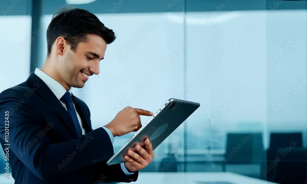 A businessman using a tablet in a modern office setting, focused on his work. A businessman using a tablet in a modern office setting, focused on his work.