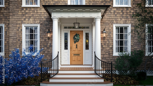 interior design mockup Main entrance door in house Wooden front door with gabled porch and landing Exterior of georgian style home cottage with white columns and stone cladding Created with generativ