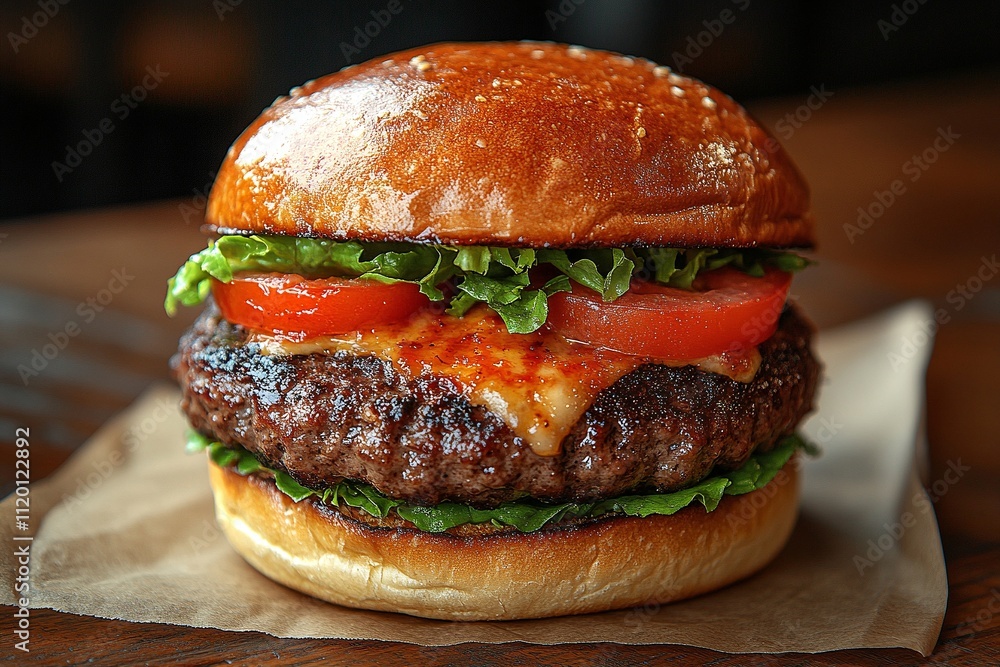 Juicy beef burger with melted cheese, lettuce, and tomato on a toasted bun. A delicious meal! Juicy beef burger with melted cheese, lettuce, and tomato on a toasted bun. A delicious meal!
