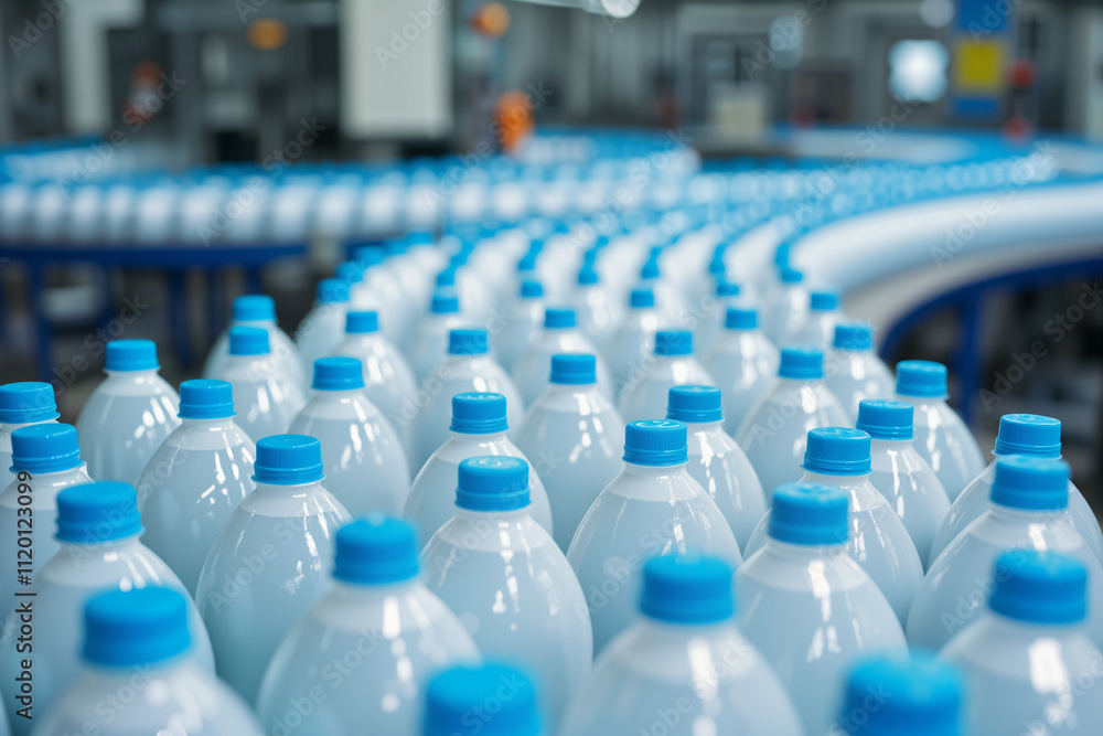 Fototapeta premium A production line with numerous clear plastic bottles capped with blue lids, moving along a conveyor belt in a factory setting.