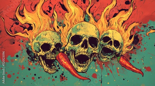 Flaming Skulls and Spicy Chilis Artistic Illustration