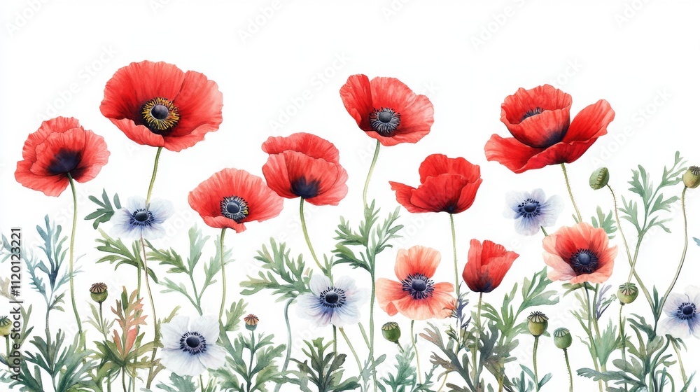 Fototapeta premium Watercolor Floral Art with Poppies and Anemones