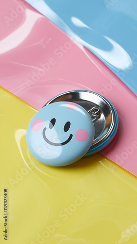 Cheerful Button A small button with a smiling face resting on a brightcolored surface Photography copyspace glossy effect photo