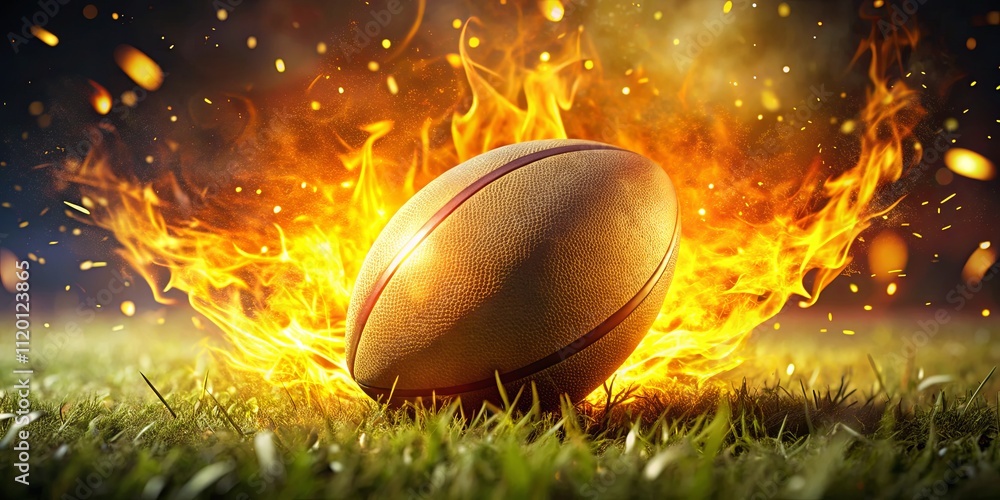 Dynamic Rugby Ball with Flames and Grass Background Dynamic Rugby Ball with Flames and Grass Background