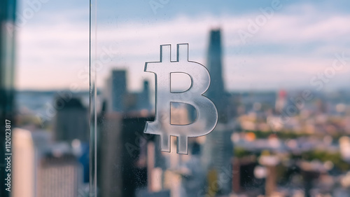 Bitcoin symbol etched into a glass pane with a blurred cityscape in the background Photography copyspace