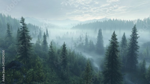 A vast coniferous forest stretching into the horizon, with layers of mist creating depth and mystery. The towering trees and stillness of the air evoke awe and grandeur. The scene feels expansive 