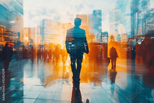 Confident Businessman Walking Among City Skyscrapers