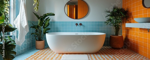 Modern bathroom with vibrant tiles and elegant bathtub decor © Georgii