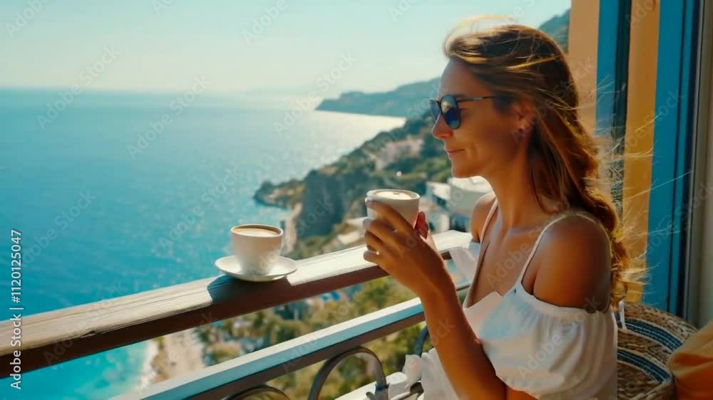 A woman enjoys coffee on a balcony overlooking a scenic coastal view. A woman enjoys coffee on a balcony overlooking a scenic coastal view.