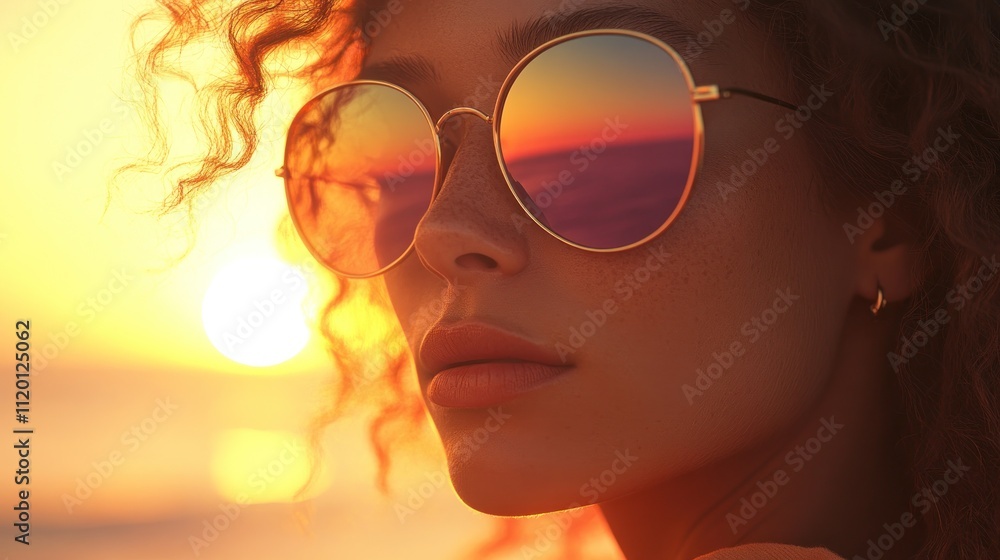 Close-up portrait of a woman wearing sunglasses with sunset reflected in the lenses. Close-up portrait of a woman wearing sunglasses with sunset reflected in the lenses.