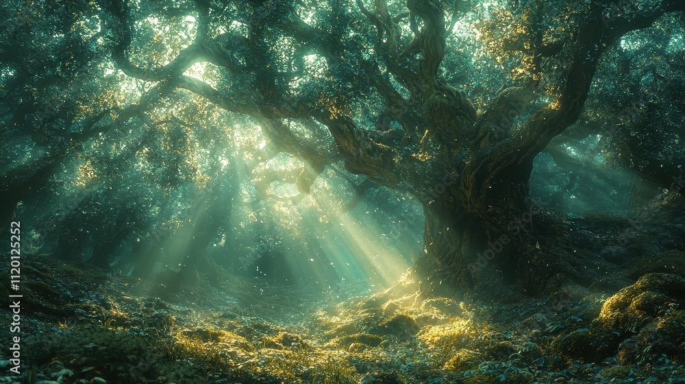 An ancient oak forest with massive, gnarled trees covered in moss, their twisted roots forming natural arches. Sunbeams pierce through the foliage, creating a mystical glow. The scene feels An ancient oak forest with massive, gnarled trees covered in moss, their twisted roots forming natural arches. Sunbeams pierce through the foliage, creating a mystical glow. The scene feels