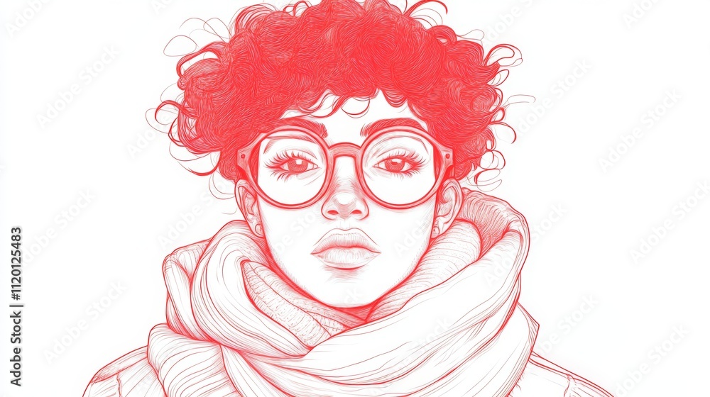 Red Line Art Portrait of a Woman with Glasses Red Line Art Portrait of a Woman with Glasses