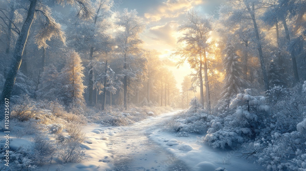 A snowy path winds through a dense forest with sunbeams shining through the trees. A snowy path winds through a dense forest with sunbeams shining through the trees.