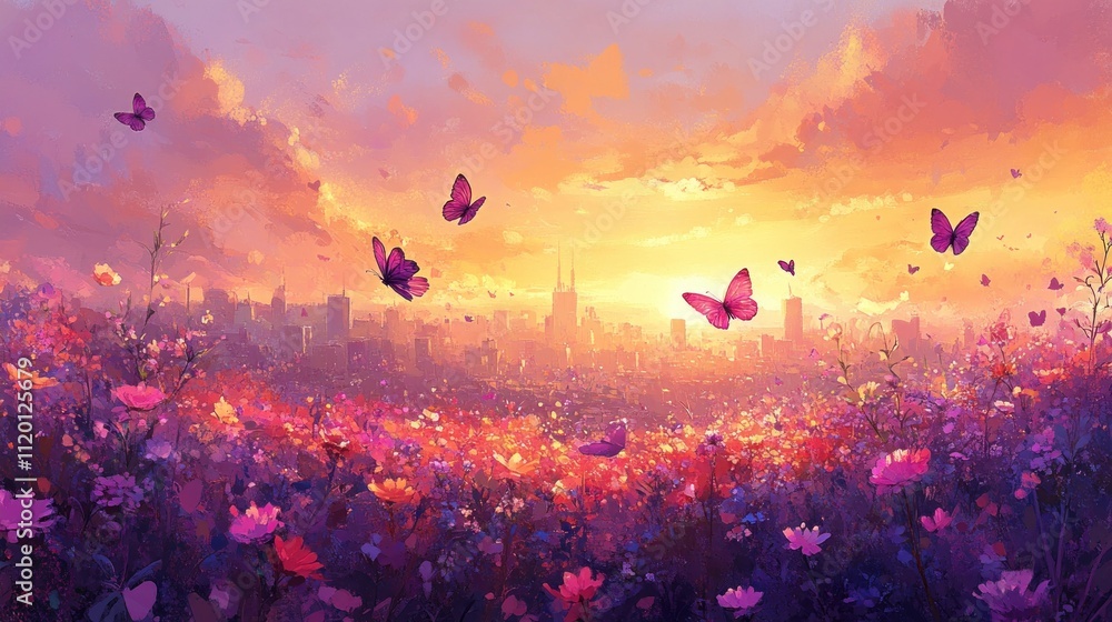 Fototapeta premium A field of colorful flowers with butterflies flying over a city skyline at sunset.