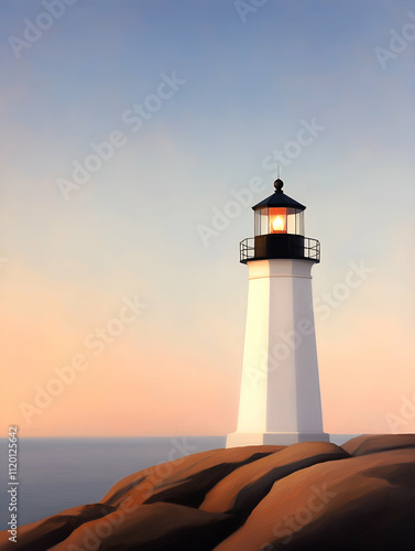 Serene lighthouse by the ocean at sunset