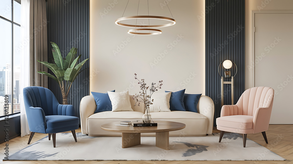 Fototapeta premium interior design mockup Japandi minimalist interior design of modern living room with blue and beige armchairs Champagne Elegance Champagne blush cream silver Illustrative Realism