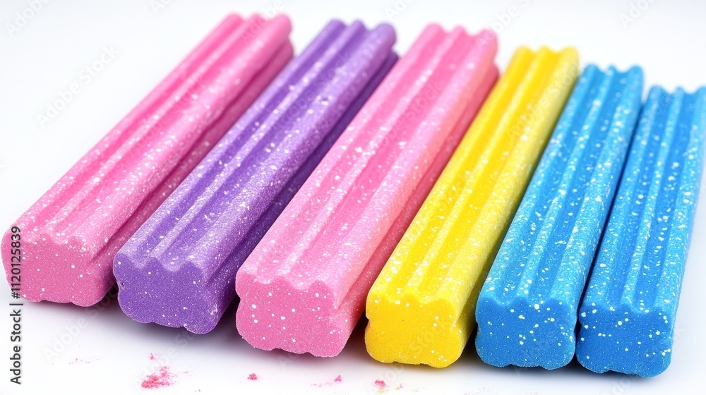 Vibrant colored chalk pieces in pink, purple, yellow, and blue arranged neatly, Ideal for educational materials, art projects, or children's activities Vibrant colored chalk pieces in pink, purple, yellow, and blue arranged neatly, Ideal for educational materials, art projects, or children's activities