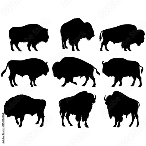 Bison black silhouette animal on a white background.