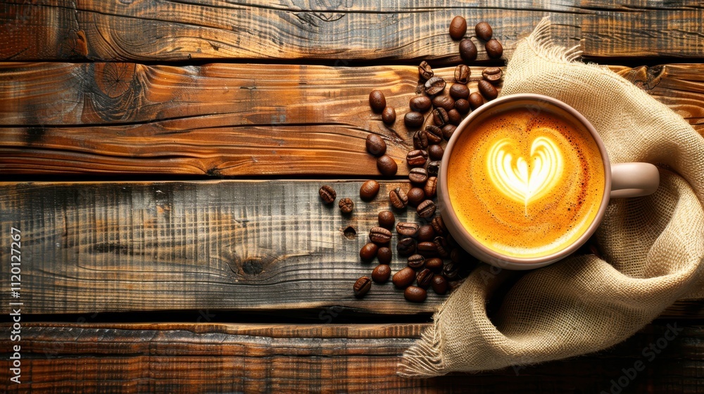 A beautifully crafted coffee cup with a heart-shaped latte art sits on rustic wooden planks, surrounded by coffee beans and a burlap cloth, ideal for cafe promotions, food blogs, and cozy themes, A beautifully crafted coffee cup with a heart-shaped latte art sits on rustic wooden planks, surrounded by coffee beans and a burlap cloth, ideal for cafe promotions, food blogs, and cozy themes,