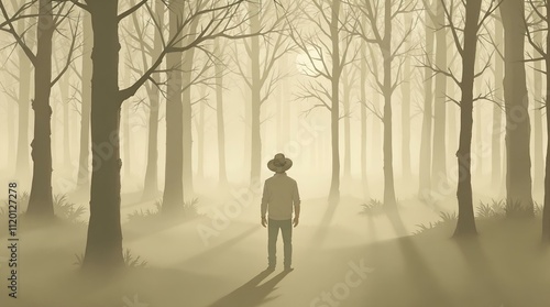 a man in a hat standing in the middle of a foggy forest, surrounded by trees The image is animated, giving the impression of movement and life