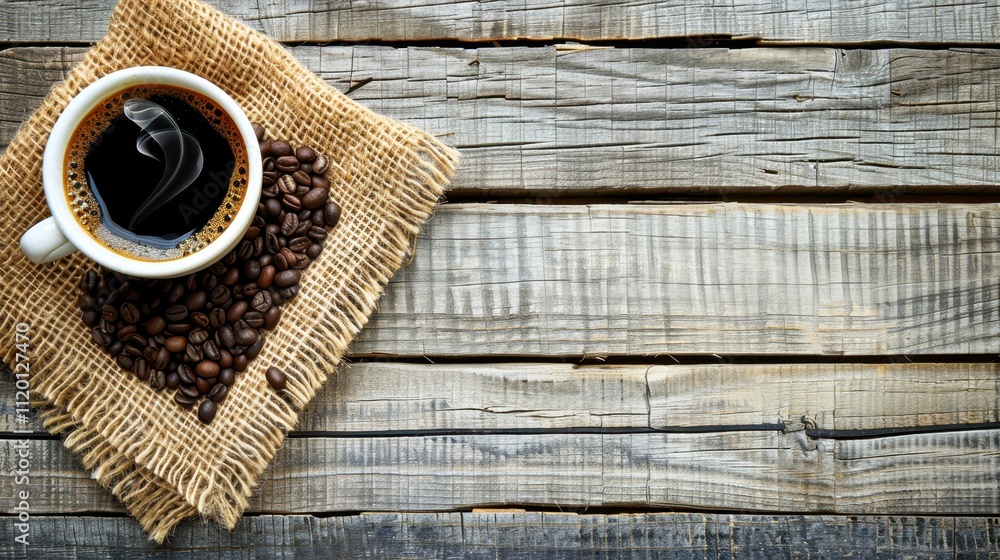A steaming cup of coffee sits atop burlap, surrounded by coffee beans on rustic wooden planks, creating a cozy atmosphere, Perfect for coffee-related content, lifestyle blogs, or marketing materials, A steaming cup of coffee sits atop burlap, surrounded by coffee beans on rustic wooden planks, creating a cozy atmosphere, Perfect for coffee-related content, lifestyle blogs, or marketing materials,