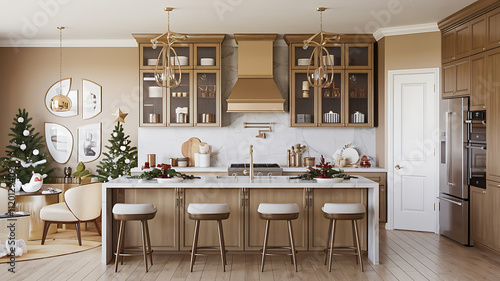 interior design mockup Warm and inviting kitchen scene with a modern twist featuring a beautiful marble countertop stainless steel appliances and festive Christmas decorations Bronze Glow Bronze cham