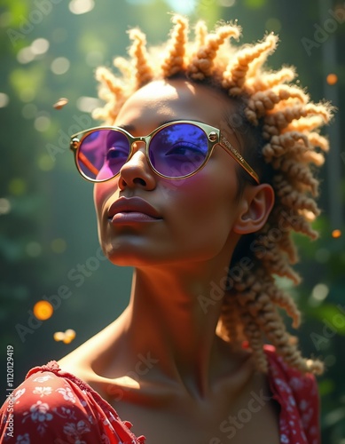 woman with afro braided hair and sunglasses with smooth facial features,red blue yellow green purple colors,sun rays,lights,realistic,flying colorful small natural stones,real live three dimensional photo