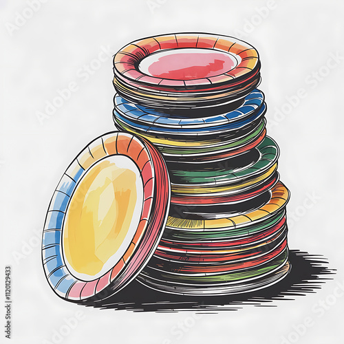 stack of colorful paper plates about to topple overplatetastic collapse isolated on white background cutout png design asset funny conceptWatercolor Pen Painting photo