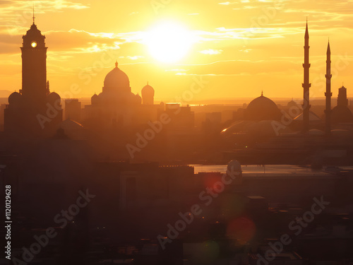 Sure, here are 50 keywords for the image:

Sunset, cityscape, skyline, silhouette, buildings, dome, mosque, minaret, clock tower, urban, architecture, golden hour, warm colors, evening, sky, horizon, 