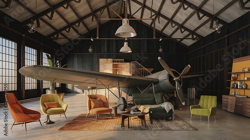 interior design mockup Vintage Airplane Hangar Dark wood vintage airplane parts warm lighting a unique and industrial space Harvest Glow Burnt orange golden yellow olive green taupe AnimeManga Style photo