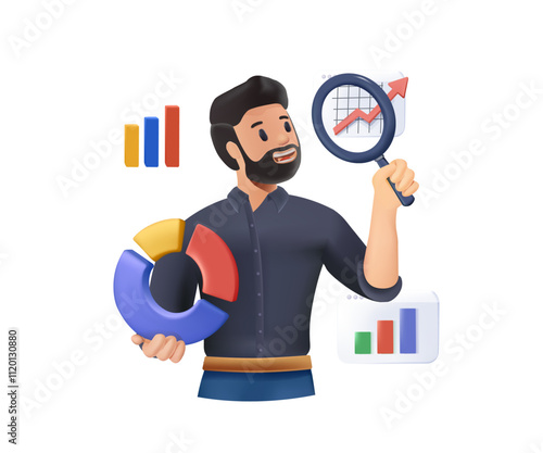 Data scientist analyze data for business insight, intelligence information on marketing research 3D illustration. Analytics visualization dashboard, chart and graph concept, businessman analyze data