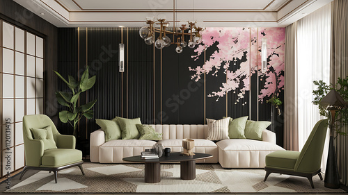 interior design mockup Art deco style interior design of modern living room with black wall and golden decor pieces Created with generative AI Japanese Spring Cherry blossom pink soft green pale beig photo