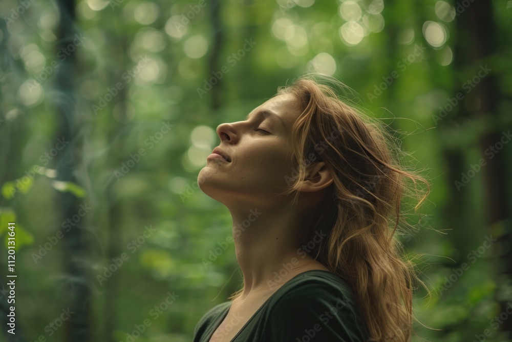 Profile of a relaxed woman breathing fresh air in a green forest