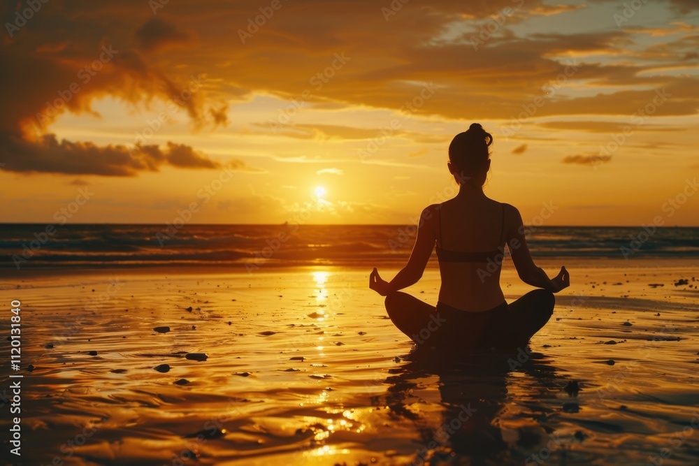 Beach sunset yoga meditation with silhouette of young woman. Beach sunset yoga meditation with silhouette of young woman.