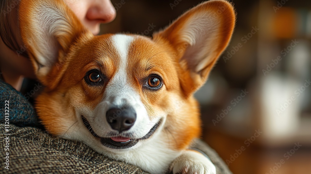 A person holds a smiling corgi in a cozy setting. A person holds a smiling corgi in a cozy setting.