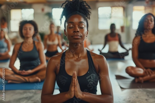 Diverse group practices yoga indoors for well being and wellness.