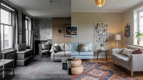 An image showing a living room before and after its transformation