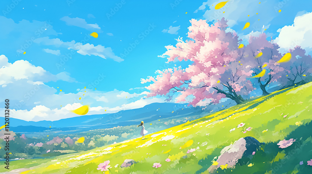 Fototapeta premium kawaii anime cartoon spring season blooming flower Meadow and mountain forest happy day background