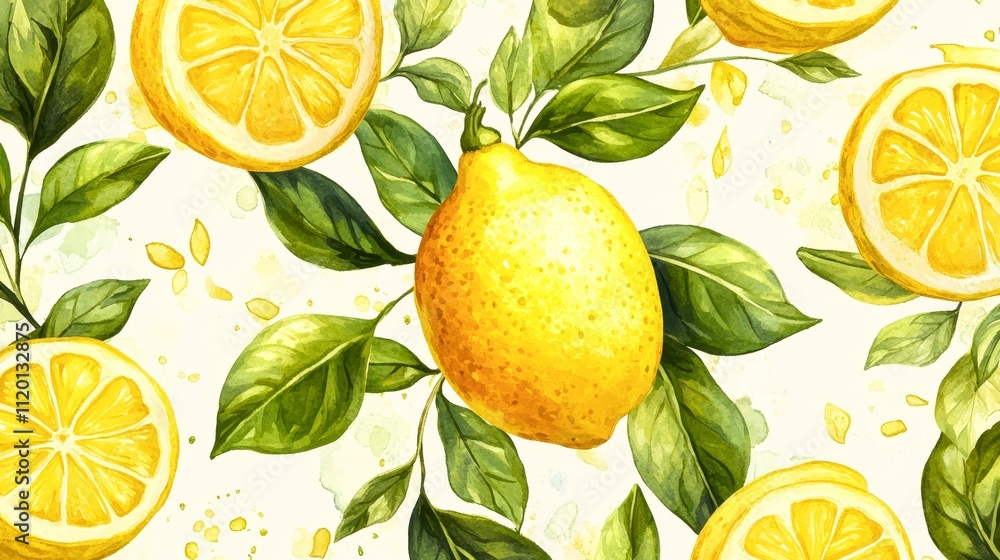 A vibrant illustration features fresh lemons and lush green leaves, perfect for food-related designs, culinary blogs, or wellness products, This artwork adds a refreshing touch to various media, A vibrant illustration features fresh lemons and lush green leaves, perfect for food-related designs, culinary blogs, or wellness products, This artwork adds a refreshing touch to various media,
