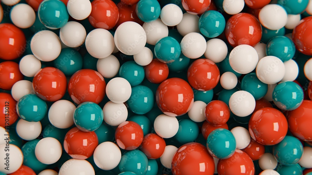 Obraz premium spheres in red white and turquoise colors with symmetry and playful interaction in creative visual shapes.