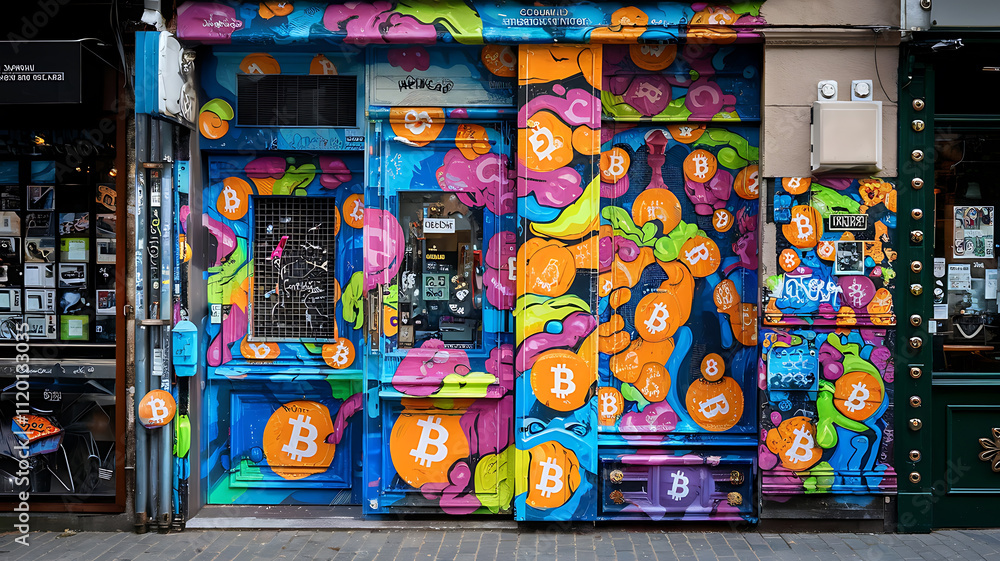 Naklejka premium Street Art A vibrant urban alley covered with Bitcoin graffiti in bold colorful styles Photography copyspace Double Exposure Layer two images taken with the same lens often using different focal poin